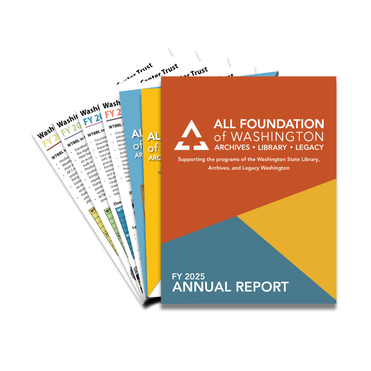 Annual report covers in a neat pile with FY25 on top.